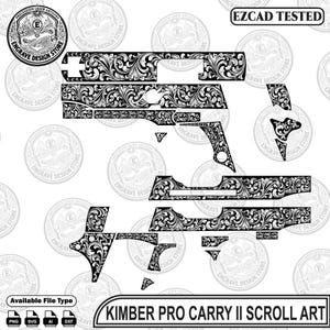 Può includere: Un file di design digitale per l'arte a volute Kimber Pro Carry II con intricati motivi floreali in bianco e nero. L'immagine include vari layout di componenti per l'incisione laser, con il testo EZCAD TESTED e Kimber Pro Carry II.