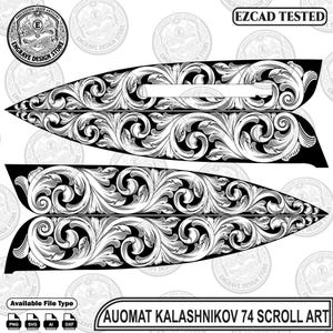 Pode incluir: Um arquivo gráfico digital em preto e branco com padrões de volutas intrincados projetados para um Automat Kalashnikov 74. A imagem inclui o texto "EZCAD TESTED" e "AUOMAT KALASHNIKOV 74 SCROLL ART" junto com ícones de tipo de arquivo PNG, SVG, AI e DXF.