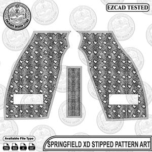 Puede incluir: Un archivo de diseño digital en blanco y negro para empuñaduras de pistola Springfield XD con un patrón de textura punteada repetitivo y pequeños recortes en forma de Texas. La imagen incluye el texto EZCAD TESTED y SPRINGFIELD XD STIPPED PATTERN ART.