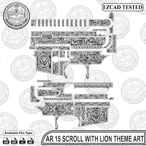 Puede incluir: Un archivo de diseño digital en blanco y negro para grabado láser con intrincados patrones de volutas y motivos de cabezas de león. El diseño incluye varias formas de componentes para un arma AR-15, con el texto EZCAD TESTED y AR 15 SCROLL WITH LION THEME ART.