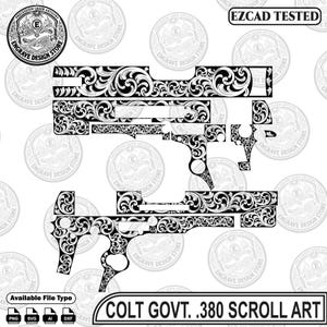 Pode incluir: Um arquivo de design digital em preto e branco para gravação a laser com padrões de volutas intrincados moldados para uma arma de fogo Colt Govt .380. A imagem inclui o texto "EZCAD TESTED" e "COLT GOVT .380 SCROLL ART" com ícones de formato.