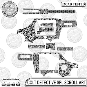 May include: A black and white digital design file for a Colt Detective Special revolver, featuring intricate scrollwork patterns across all components. The image includes the text "EZCAD TESTED" and "COLT DETECTIVE SPL SCROLL ART".
