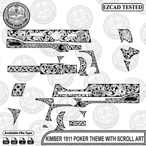 Pode incluir: Um arquivo de design digital em preto e branco para gravação a laser com um tema de pôquer Kimber 1911 e arte de volutas. O gráfico inclui cartas de baralho, dados e o texto Life's a Gamble, junto com vários padrões de volutas ornamentadas.