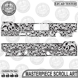 Pode incluir: Um arquivo gráfico digital com padrões de volutas intrincados em preto e branco projetados para gravação a laser. A imagem inclui o texto EZCAD TESTED e MASTERPIECE SCROLL ART, junto com ícones para formatos de arquivo PNG, SVG, AI e DXF.