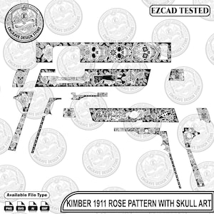 May include: A digital design file for a Kimber 1911 featuring a black and white rose pattern with sugar skull art, Dia de los Muertos motifs, and a sombrero-wearing skeleton. The layout includes various firearm component templates and text labels.