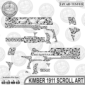 May include: A digital design file set featuring black and white scrollwork patterns for a Kimber 1911 firearm. The image includes various component-specific engravings, the text EZCAD TESTED, and the label KIMBER 1911 SCROLL ART at the bottom.