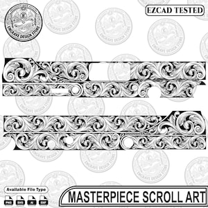 Peut inclure: Un fichier graphique numérique en noir et blanc présentant des motifs de volutes complexes conçus pour la gravure laser. L'image inclut le texte "EZCAD TESTED" et "MASTERPIECE SCROLL ART" ainsi que divers logos circulaires et icônes de format.