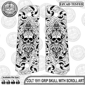 May include: A pair of black and white Colt 1911 pistol grips featuring an intricate engraved skull design surrounded by ornate scrollwork patterns. The grips include two circular screw holes each and are labelled with the text Colt 1911 Grip Skull With Scroll Art.