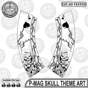 May include: Two curved black and white graphic designs for a P-mag featuring an ace of spades card symbol, jagged lightning bolt patterns, and a hooded skull character holding a firearm. The text reads EZCAD TESTED and P-MAG SKULL THEME ART.