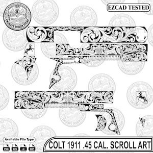 May include: A black and white digital design file for a Colt 1911 .45 caliber pistol featuring intricate scrollwork patterns. The image includes various component layouts, a horse logo, and the text EZCAD TESTED and COLT 1911 .45 CAL. SCROLL ART.