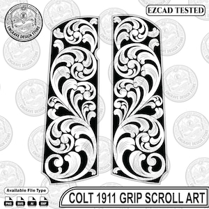 May include: A pair of black and white digital design templates for Colt 1911 pistol grips featuring intricate scrollwork patterns. The image includes the text "EZCAD TESTED" and "COLT 1911 GRIP SCROLL ART" along with file format icons for PNG, SVG, AI, and DXF.