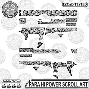 Pode incluir: Uma coleção digital de padrões de volutas em preto e branco projetados para gravação a laser em uma armação de arma de fogo. O conjunto inclui vários componentes com motivos florais complexos, com o texto EZCAD TESTED e PARA HI POWER SCROLL ART.