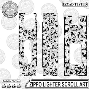 Könnte beinhalten: Eine digitale Designdatei für Zippo-Feuerzeug-Scroll-Art mit drei vertikalen Paneelen mit komplizierten schwarz-weißen floralen Filigranmustern. Das Layout enthält Aussparungen für Feuerzeugmechanismen sowie die Texte EZCAD TESTED und ZIPPO LIGHTER SCROLL ART.