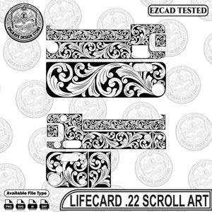 Pode incluir: Um arquivo de design digital em preto e branco para gravação a laser com padrões intrincados de volutas. O layout inclui vários segmentos retangulares e moldados com motivos florais detalhados e o texto LIFECARD .22 SCROLL ART.