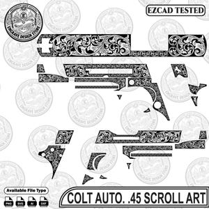 Pode incluir: Um arquivo de design digital em preto e branco para gravação a laser com padrões de volutas intrincados moldados para uma pistola Colt Auto .45. A imagem inclui o texto "EZCAD TESTED" e "COLT AUTO .45 SCROLL ART" com ícones de formato.
