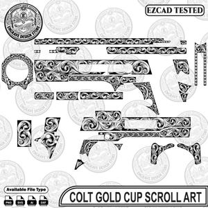 Pode incluir: Um arquivo de design digital com padrões de volutas em preto e branco para uma arma de fogo Colt Gold Cup. A imagem inclui várias formas de componentes com gravuras florais, o texto EZCAD TESTED e ícones de formato PNG, SVG, AI e DXF.