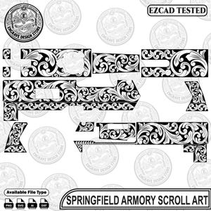 Peut inclure: Un fichier graphique numérique en noir et blanc présentant des motifs de volutes complexes conçus pour la gravure d'armes à feu. L'image inclut le texte "EZCAD TESTED" et "SPRINGFIELD ARMORY SCROLL ART" ainsi que diverses formes de composants ornées de motifs floraux détaillés.