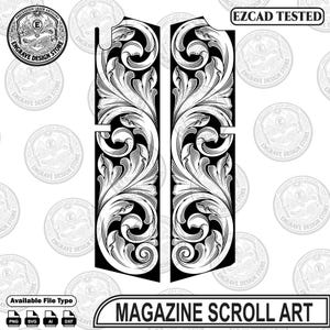 Pode incluir: Um arquivo gráfico digital apresentando dois painéis verticais com padrões complexos de volutas em preto e branco. O design inclui o texto EZCAD TESTED e MAGAZINE SCROLL ART, juntamente com ícones para formatos de arquivo PNG, SVG, AI e DXF.