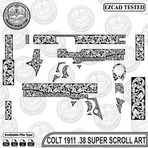 Pode incluir: Um conjunto de arquivos de design digital com padrões de volutas em preto e branco para uma pistola Colt 1911 .38 Super. A imagem inclui vários modelos de componentes com gravuras florais complexas e o texto EZCAD TESTED.