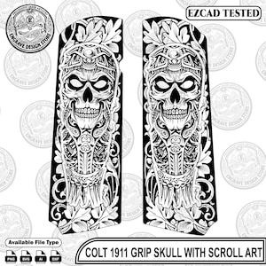 May include: Two black and white pistol grip panels featuring a detailed skull design surrounded by intricate scrollwork and leaf patterns. The text "EZCAD TESTED" appears at the top right, and "COLT 1911 GRIP SKULL WITH SCROLL ART" is at the bottom.