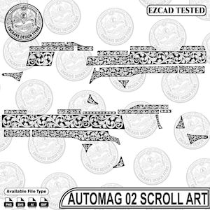 Könnte beinhalten: Eine digitale Grafikdatei mit dem Titel AUTOMAG 02 SCROLL ART, die komplizierte schwarz-weiße florale Rankenmuster für die Lasergravur zeigt. Das Bild enthält den Text EZCAD TESTED sowie verschiedene Dateiformat-Symbole wie PNG, SVG, AI und DXF.