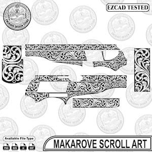 Pode incluir: Um conjunto de arquivos vetoriais digitais com padrões complexos de volutas em preto e branco projetados para gravação de armas de fogo. O layout inclui vários painéis com motivos florais, o texto EZCAD TESTED e MAKAROVE SCROLL ART.