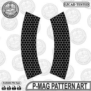 Pode incluir: Dois painéis verticais curvos com um padrão de favo de mel em preto e branco. O design inclui o texto "EZCAD TESTED" no canto superior direito e "P-MAG PATTERN ART" na parte inferior, com ícones de tipo de arquivo PNG, SVG, AI e DXF.