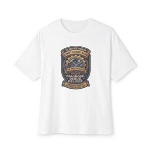 May include: A white t-shirt featuring a central graphic with a gear motif, tools, and text that reads: THE UNIVERSAL ENGINEER, ULTIMATE TECHNICAL WIZARD, MULTIDISCIPLINARY EXCELLENCE, THE PROBLEM SOLVER, DIAGNOSE. DEBUG. DELIVER. FROM GEARS TO GIGABYTES.