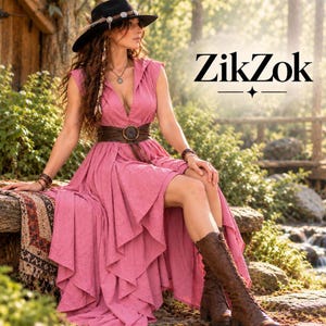 May include: A pink sleeveless dress with a deep V-neckline and a layered, ruffled skirt. The dress features a wide brown leather belt with a circular buckle, a black wide-brimmed hat, and brown lace-up boots. The text ZikZok is visible.
