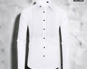 Camisa de esmoquin para hombre, camisa formal de vestir, plisada, manga larga, para bodas y graduaciones.