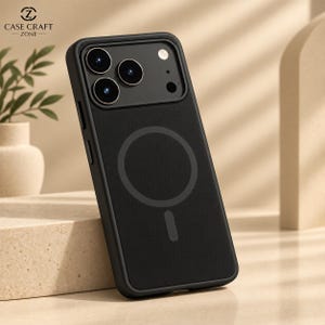 May include: A black smartphone case featuring a circular magnetic charging ring on the back, a raised camera module with three circular lenses, and the text CASE CRAFT ZONE in the upper left corner. The case has a matte finish and black edges.