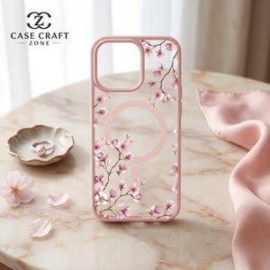 Cherry Blossom Magnetic Phone Case, Elegant Floral Clear Cover for iPhone 18 17 16 15 14 13 12 Pro Max, Cute Aesthetic Spring Gift