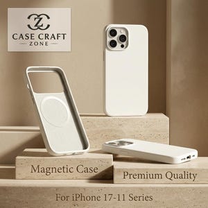 Puede incluir: Tres fundas magnéticas blancas para iPhone serie 17-11. Una funda se muestra desde atrás, otra desde el interior con un anillo magnético circular y otra acostada. El texto dice Case Craft Zone, Magnetic Case, Premium Quality, For iPhone 17-11 Series.
