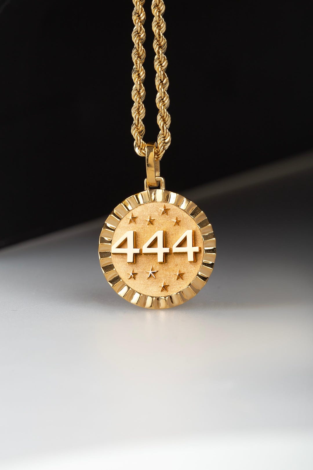 14K Solid Gold Angel Number 444 Necklace, Celestial Numerology Pendant ...