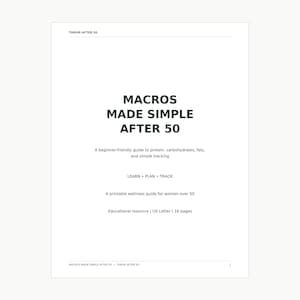 May include: A white document titled MACROS MADE SIMPLE AFTER 50. It includes the text: A beginner-friendly guide to protein, carbohydrates, fats, and simple tracking. LEARN • PLAN • TRACK. A printable wellness guide for women over 50. US Letter | 16 pages.