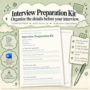 May include: An Interview Preparation Kit document with sections for organization details, mission statements, and skills. The page includes fields for position, company, date, time, interviewer, and location. A pen and a notepad with bullet points are visible.
