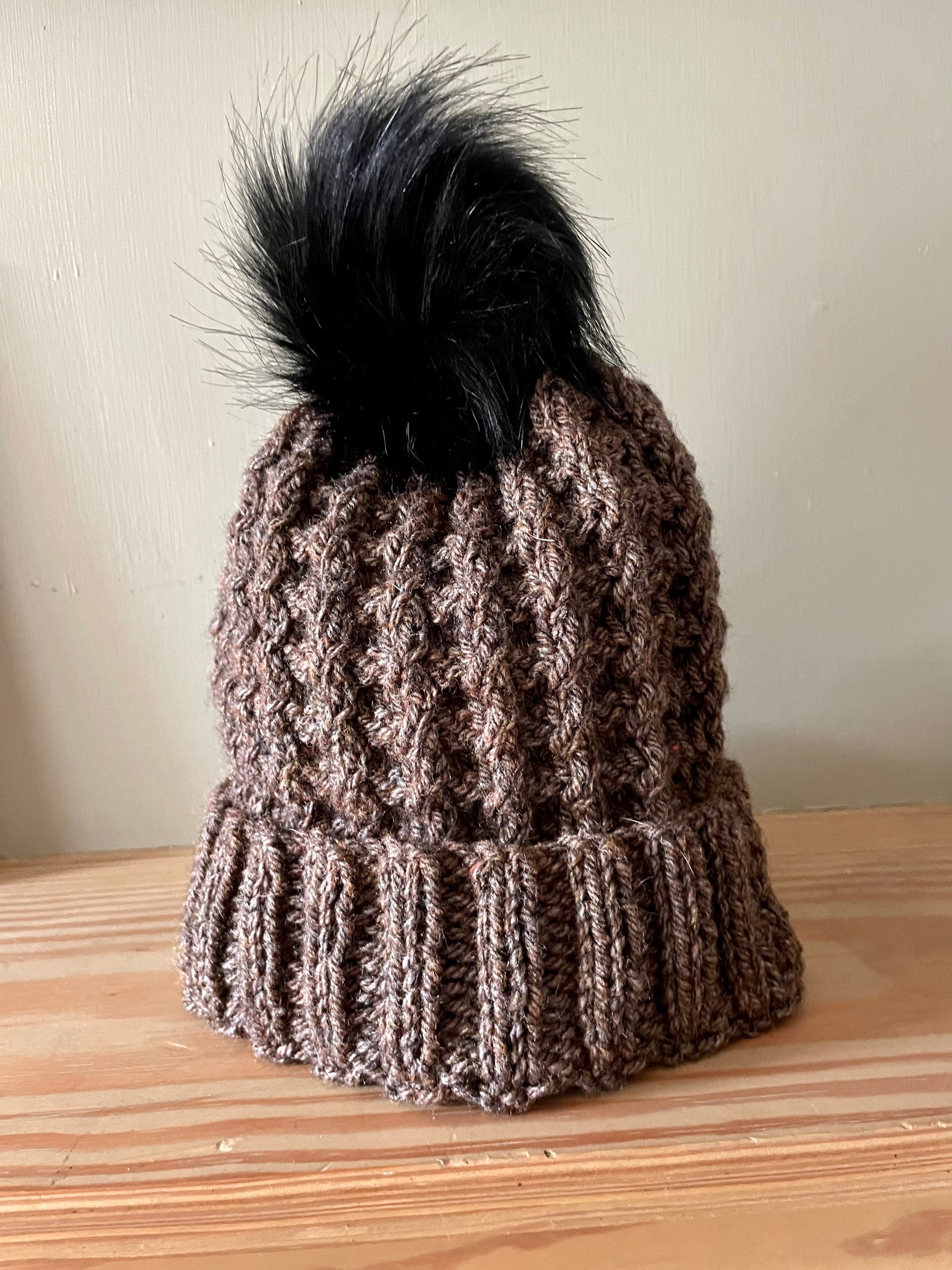 Hand knitted faux fur bobble hat size adult Etsy