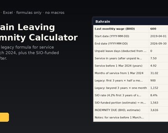 Bahrain Leaving Indemnity Calculator | Instant Download | Excel Template