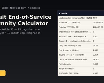 Kuwait End-of-Service Indemnity Calculator | Instant Download | Excel Template