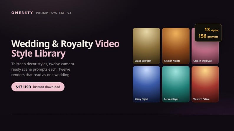 Wedding and Royalty AI Video Style Library - 13 styles, 156 prompts | Instant Download | PDF and Templates image 1