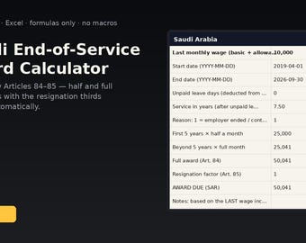 Saudi End-of-Service Award Calculator | Instant Download | Excel Template