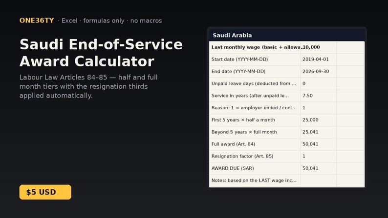 Saudi End-of-Service Award Calculator | Instant Download | Excel Template image 1