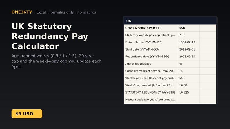 UK Statutory Redundancy Pay Calculator | Instant Download | Excel Template immagine 1