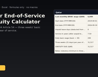 Qatar End-of-Service Gratuity Calculator | Instant Download | Excel Template