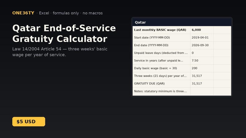 Calculadora de gratificaciones por fin de servicio en Qatar / Descarga instantánea / Plantilla de Excel imagen 1
