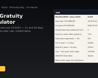 UAE Gratuity Calculator | Instant Download | Excel Template