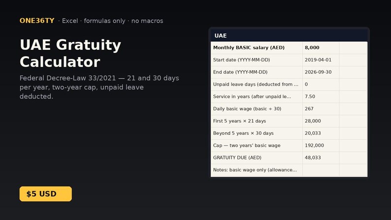UAE Gratuity Calculator | Instant Download | Excel Template image 1