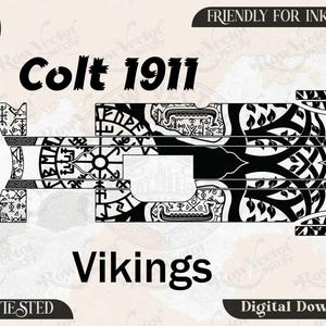 May include: A black and white digital vector graphic of a Colt 1911 pistol featuring intricate Viking-inspired patterns, including a circular compass design, longships, and tree motifs. The image includes text labels for SVG, PNG, DXF, JPEG, and Digital Download.