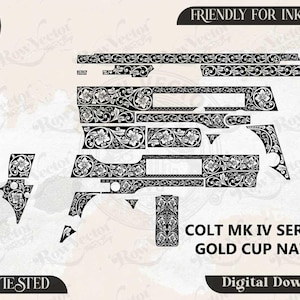 Puede incluir: Un archivo vectorial digital en blanco y negro que presenta intrincados patrones de volutas florales diseñados para una Colt MK IV Series 70 Gold Cup Nation. El gráfico incluye varias formas de componentes con motivos grabados detallados.