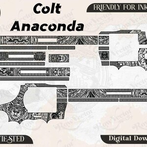 Könnte beinhalten: Eine schwarz-weiße digitale Vektordatei für einen Colt Anaconda mit komplexen, aztekisch inspirierten Mustern, darunter Pyramiden, Schlangen und Masken. Das Design enthält Textbeschriftungen für SVG, PNG, DXF, JPEG und den Schriftzug Friendly for Inkspace.